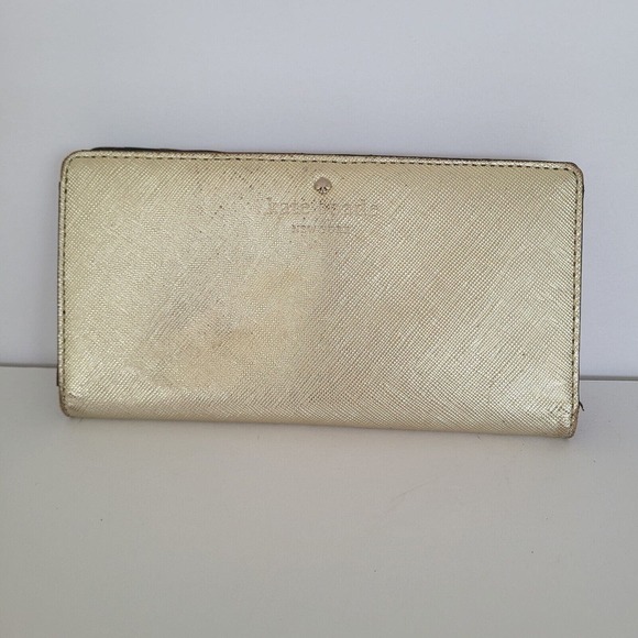 Kate Spade Clutch Wallet Gold Champaign Metalic Saffiano Logo Large Bifold Fair - Picture 1 of 12